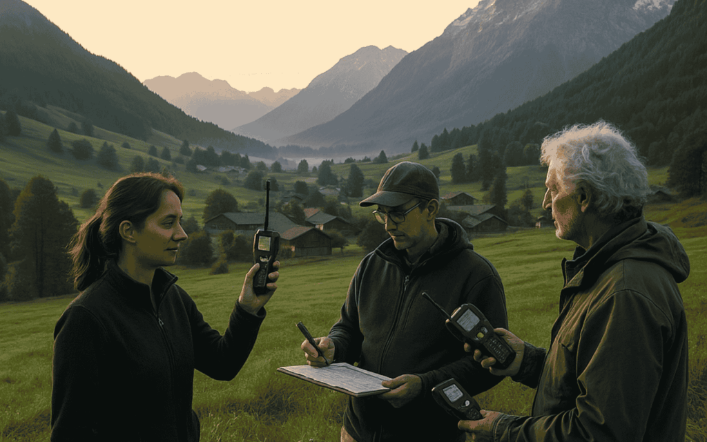 Trois habitants des Alpes du Sud mesurent les ondes électromagnétiques dans une vallée alpine au lever du soleil