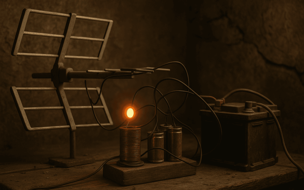 Générateur d’énergie DIY : antenne TV vintage, bobine de cuivre, condensateurs et batterie au plomb dans une cave sombre