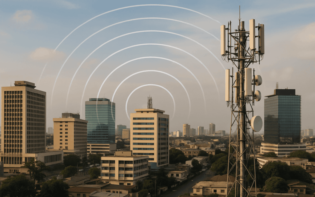 Panorama urbain d’Abidjan : antenne-relais et cercles symbolisant la propagation d’ondes électromagnétiques